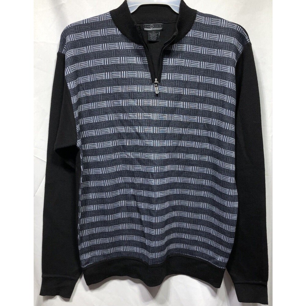 NWOT Chereskin Knit Pullover Shirt XL Blk Blue Geo Mod Zip Up Mock Collar Casual
